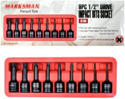 Marksman 9Pc Drive Impact Bit Socket Set Chrome Vanadium Extension Bar Garage 1/2 Inches from B&Q