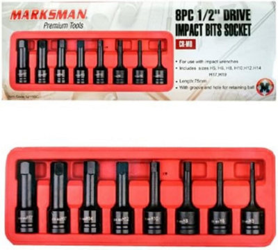 8Pc Drive Impact Bit Socket Set Chrome Vanadium Extension Bar Garage Tools 1/2 Inches from B&Q