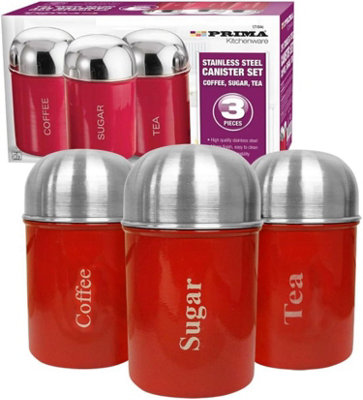  - 3Pc Canister Set Stainless Steel Coffee Tea Sugar Jar Lid Storage Pots Red