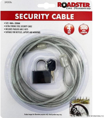  - Strong Steel Security Cable With Padlock With 3 Keys Wire Rope 4mm X 300mm
