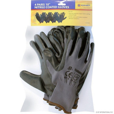 Marksman Pack Of 4 Heavy Duty Non-Slip Safety Work Gloves Nitrile CoatingSecure Grip Black Grey from B&Q