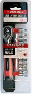Marksman 12Pc Drive Socket Kit Extension Chrome Vanadium Garage Workshop Bar 1/4 Inches from B&Q