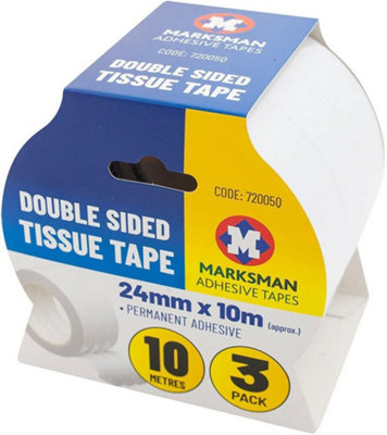 Marksman Set Of 3 Double Sided Tissue Tape Adhesive Sticky Strong Craft 24mm X 10M from B&Q