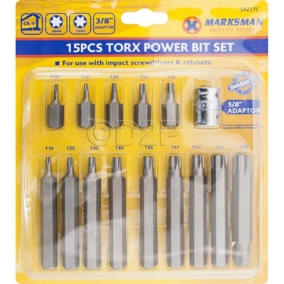 15Pc Hex Allen Key Power Bit Set 30 & 75mm Long Torx Star Hex + 3/8 Inch Square Sock from B&Q