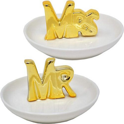 Mr & Mrs Trinket Dish Gold Rings Necklace Jewellery Gift Set Plate Keys Tray from B&Q