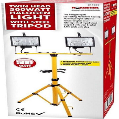 500W Twin Head Telescopic Halogen Floodlight Work Site Flood Watt Work Light from B&Q