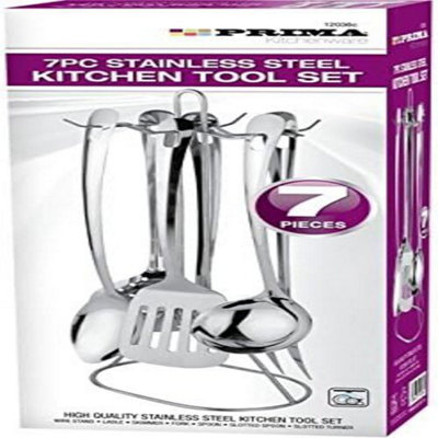 7Pc Stainless Steel Kitchen Tool Set Utensils Stand Spoon Ladle Skimmer Turner from B&Q