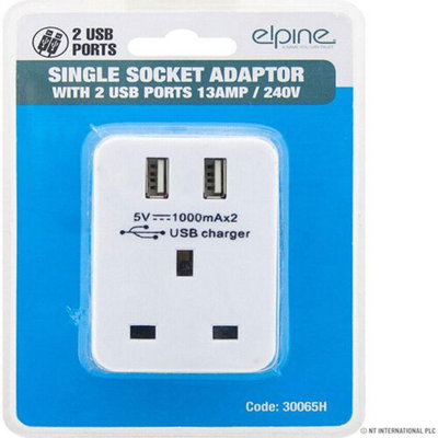 Single Socket Switch Plug Power Electric Adaptor Home Office Power 2 Usb Ports from B&Q