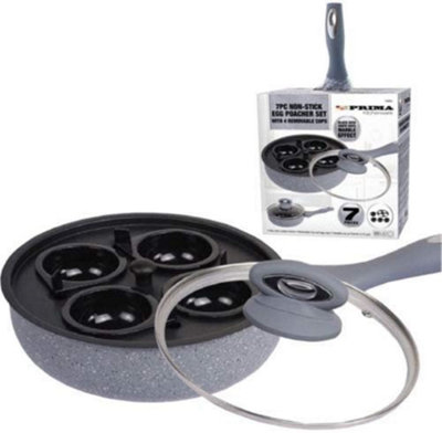 7Pc Egg Poacher Pan 4 Hole Cup Poach Saucepan Frying Glass Lid Non Stick Marble from B&Q