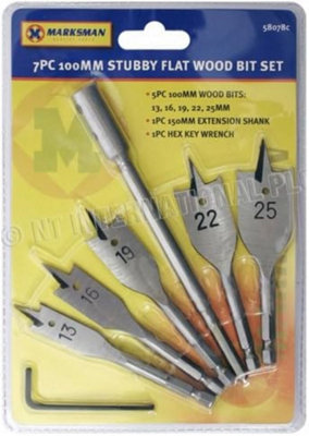 Marksman New 7Pc 100mm Stubby Flat Wood Bit Set Drill Extension Short New Hex Key Wrench from B&Q
