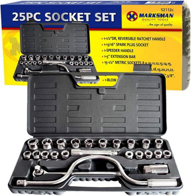 Marksman New 25Pc 1/2 Drive Metric Socket Extension Bar Set Garage Car Work Tool Kit In Case from B&Q