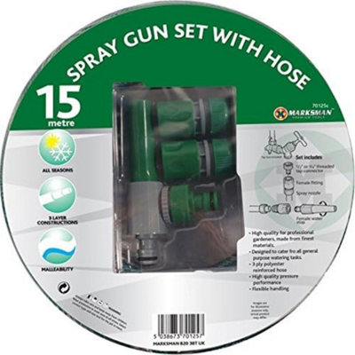 Marksman 15M Hose Pipe Spray Gun Reinforced Garden Watering 50Ft + Fittings Nozzle from B&Q