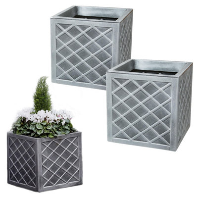 Star Supplies 2 X 32Cm Small Pewter Grey Square Lazio Flower Plant Pot Ideal For Indoor & Outdoor Use from B&Q