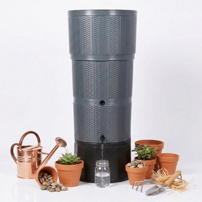 Star Supplies 150L Premium Rattan Wicker Effect Water Butt Complete With StandTapRain Diverter & Lid (Graphite) from B&Q