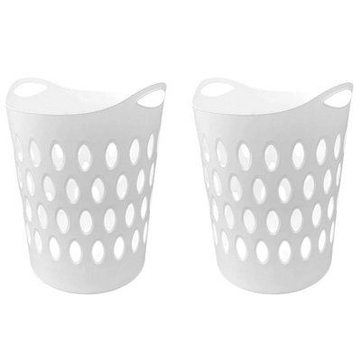 Star Supplies 2x Tall White Flexi Lightweight Plastic Laundry Baskets For Home Laundry Clothes Storage Baskets