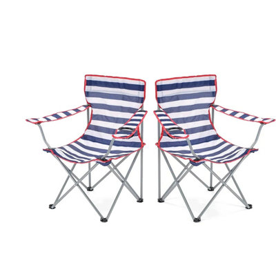 B&Q -  2X Outdoor Garden Patio Camping Lightweight Blue And Red Striped Folding Chairs With Cup Holder & Arm Rest