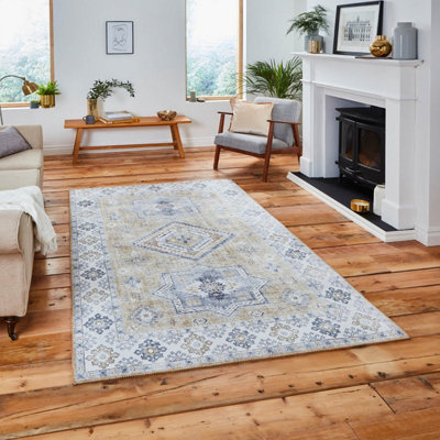 B&Q Gold Traditional Bordered Geometric Persian Rug For Bedroom & Living Room-120Cm X 170Cm