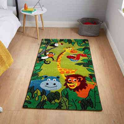 Green Kids Modern Pictorial Animal Graphics Easy To Clean Rug For Living Room Bedroom And Dining Room-60Cm X 120Cm from B&Q