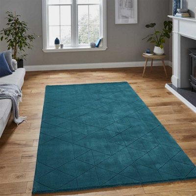  - Teal Chequered Geometric Luxurious Modern Plain Wool Easy To Clean Rug For BedroomLiving Room150Cm X 230Cm