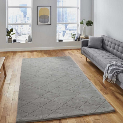 Grey Chequered Geometric Luxurious Modern Plain Wool Easy To Clean Rug For BedroomLiving Room150Cm X 230Cm from B&Q