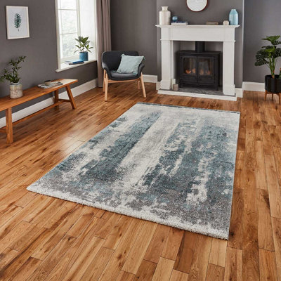  - Ivory/blue Modern Abstract Easy To Clean Rug For Living Room Bedroom And Dining Room-60 X 230Cm (Runner)
