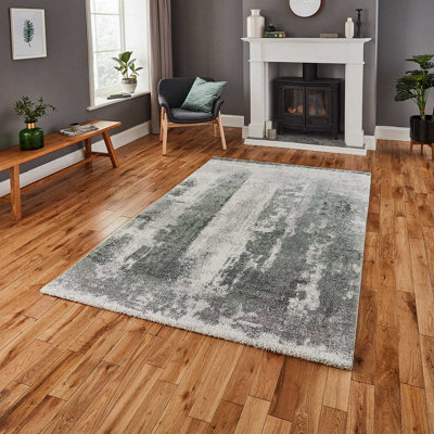 B&Q Ivory/Green Modern Easy To Clean Abstract Rug For Dining Room-60 X (Runner) 230Cm