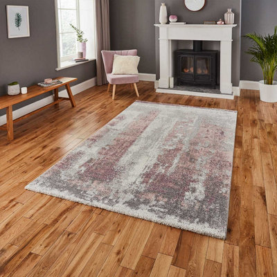 B&Q /Rose Modern Easy To Clean Abstract Rug For Dining Room-60 X 230Cm (Runner) Ivory
