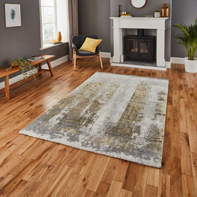 B&Q Modern Easy To Clean Abstract Rug For Dining Room-60 X 230Cm (Runner) Ivory/Yellow