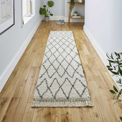  - Cream Grey Chequered Kilim Modern Shaggy Moroccan Rug For Living Room Bedroom And Dining Room-60 X 230Cm (Runner)