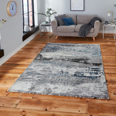  - Grey Navy Abstract Modern Easy To Clean Rug For Diningroom Bedroom And Living Room -200Cm X 290Cm