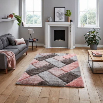 Grey Pink Modern Shaggy Easy To Clean Geometric Rug For Dining Room-80Cm X 150Cm from B&Q