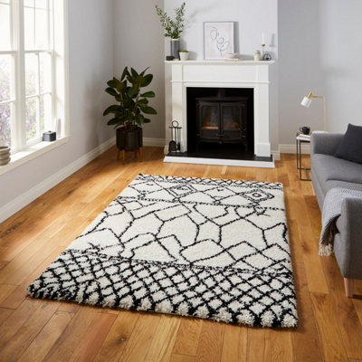  - White Black Geometric Modern Shaggy Moroccan Easy To Clean Rug For Dining Room Rug-120Cm X 170Cm