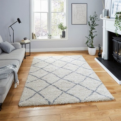 B&Q Shaggy Modern Moroccan Easy To Clean Geometric Rug Dining Room-160Cm X 220Cm Cream/Grey