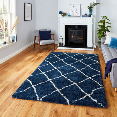 B&Q Cream Navy Shaggy Moroccan Geometric Modern Easy To Clean Rug For Living Room, Bedroom And Dining Room-160Cm X 220Cm