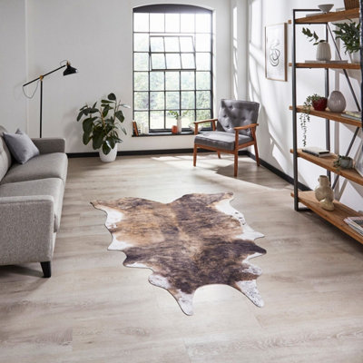 Brown White Abstract Modern Cowhide Easy To Clean Animal Rug For Dining Room Bedroom And Living Room-130Cm X 155Cm from B&Q