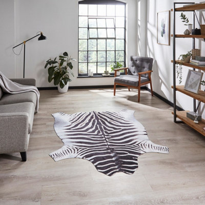 Faux Zebra Print Black White Abstract Animal Modern Cowhide Rug For Living Rug For Living Room And Bedroom-130Cm X 155Cm from B&Q
