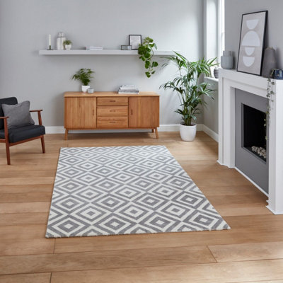  - Grey White Modern Geometric Easy To Clean Rug For Living Room Bedroom And Dining Room-80Cm X 150Cm