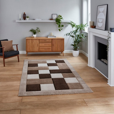 B&Q Beige Modern Bordered Chequered Geometric Rug For Dining Room-160Cm X 220Cm