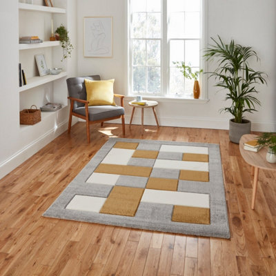 - Grey Yellow Modern Geometric Bordered Chequered Machine Made Rug For Living Room Bedroom And Dining Room-120Cm X 170Cm