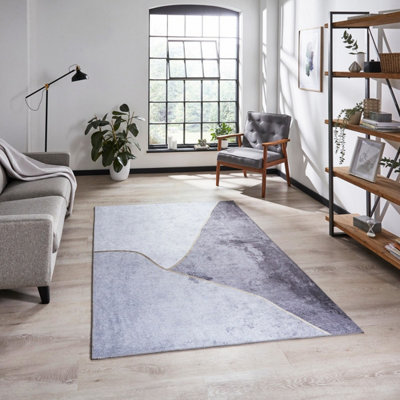  - Grey Gold Abstract Modern Rug Easy To Clean Living Room Bedroom And Dining Room-120Cm X 170Cm