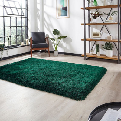 Jewel Green Shaggy Plain Modern Easy To Clean Rug For Living Room And Bedroom-60Cm X 120Cm from B&Q