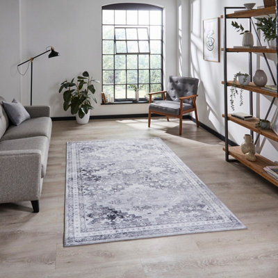 Grey Traditional Persian Bordered Geometric Rug For Dining Room Bed Room And Living Room-120Cm X 170Cm from B&Q