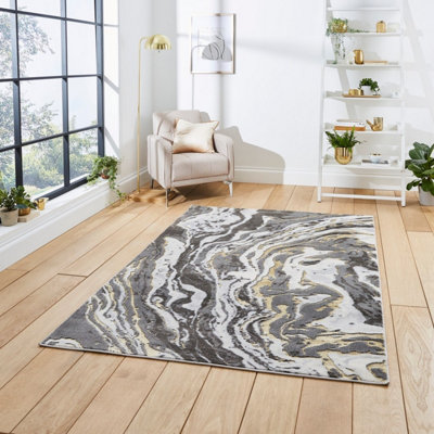 Grey Gold Abstract Modern Easy To Clean Rug For Dining Room-120Cm X 170Cm from B&Q