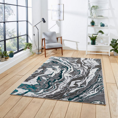 B&Q Grey/Green Abstract Modern Easy To Clean Rug For Dining Room-120Cm X 170Cm