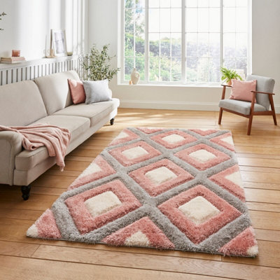 B&Q Modern Shaggy Geometric Rug For Dining Room-120Cm X 170Cm Grey/Pink