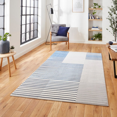 Grey Navy Striped Modern Easy To Clean Rug For Dining Room-120Cm X 170Cm from B&Q