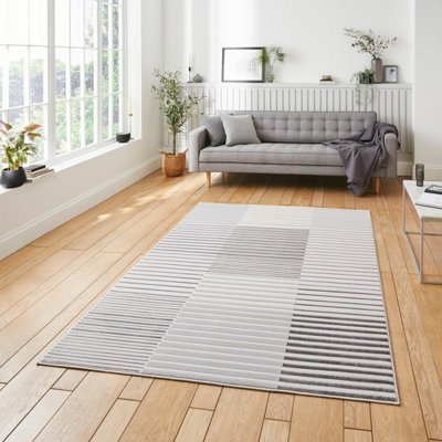 Grey Ivory Striped Modern Easy To Clean Rug For Dining Room-120Cm X 170Cm from B&Q