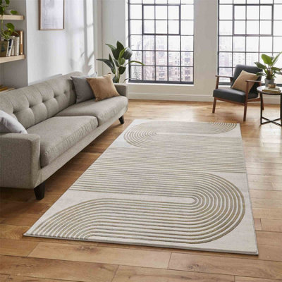 Grey Gold Abstract Striped Modern Easy To Clean Rug For Dining Room-120Cm X 170Cm from B&Q