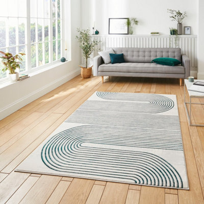  - Grey Green Abstract Modern Striped Easy To Clean Dining Room Rug-120Cm X 170Cm