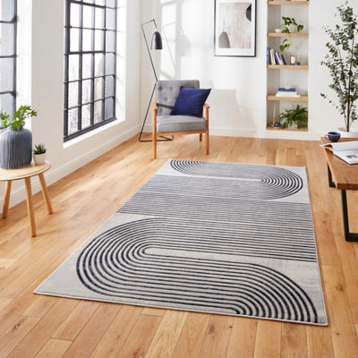 Grey Navy Abstract Striped Modern Easy To Clean Rug For Dining Room-160Cm X 220Cm from B&Q